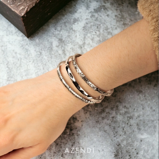 Sterling Silver Diagonal Textured Elements Bangle