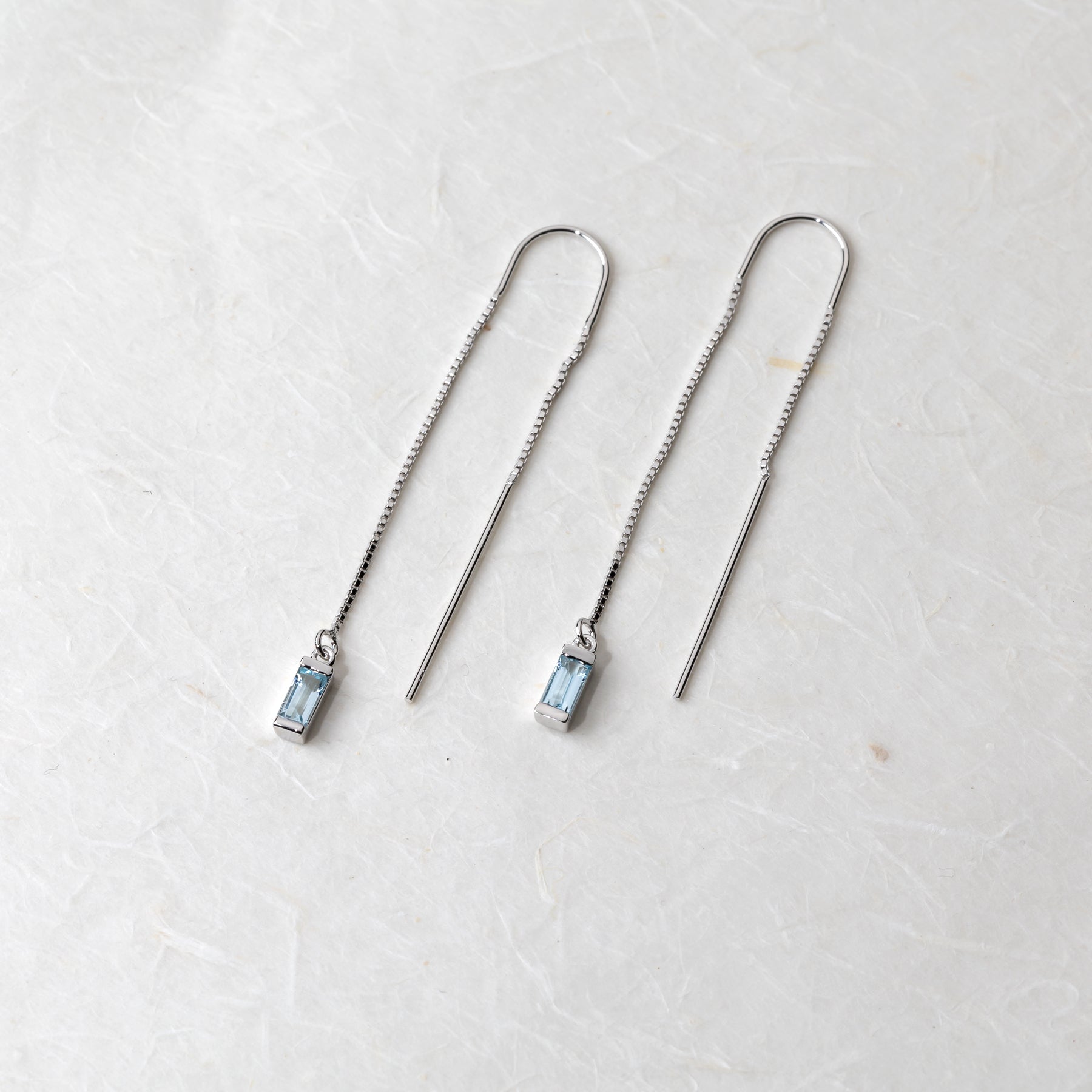 Silver Blue Topaz Baguette Threader Earrings