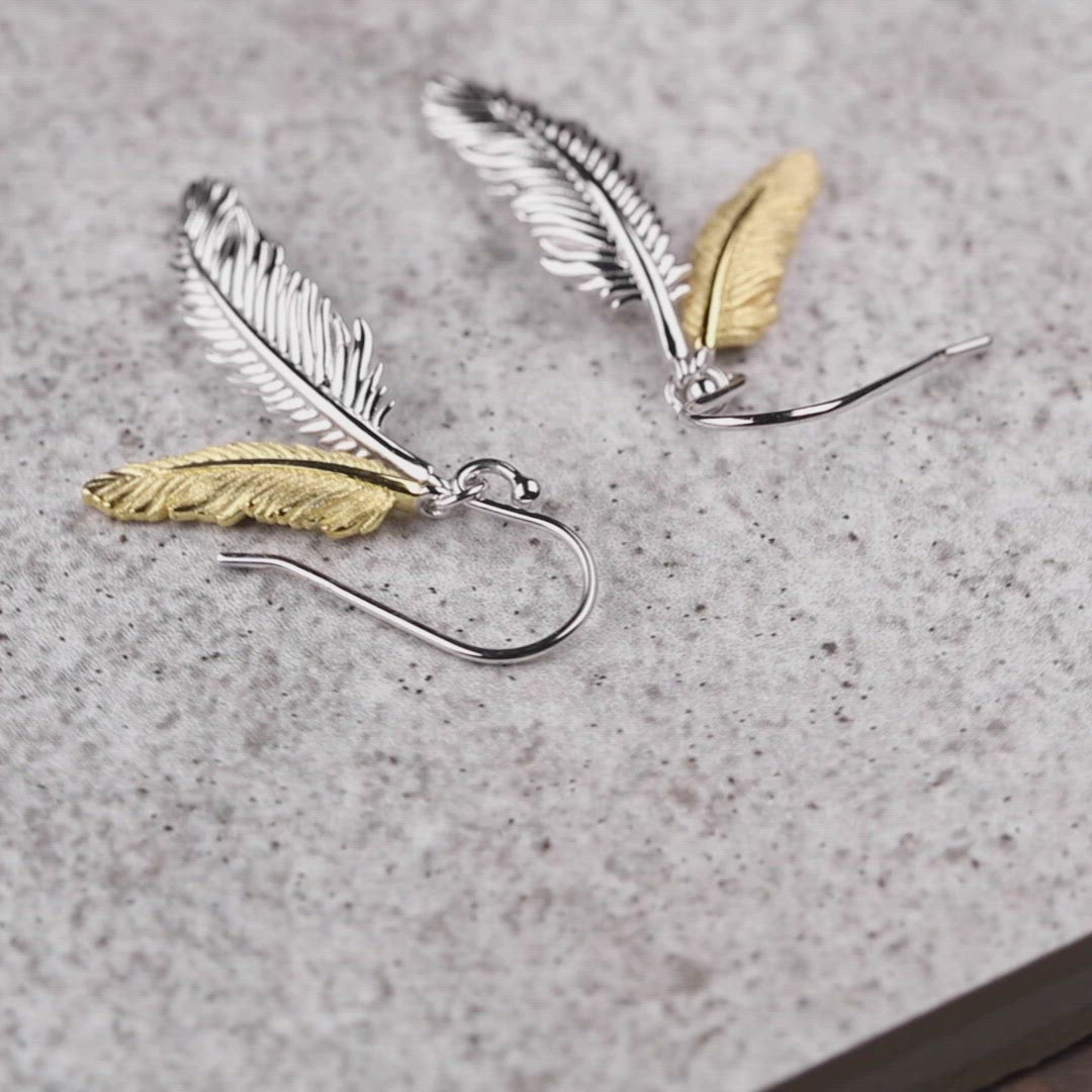 Curving Double Feather Drop Earrings - Silver & Yellow Gold Vermeil