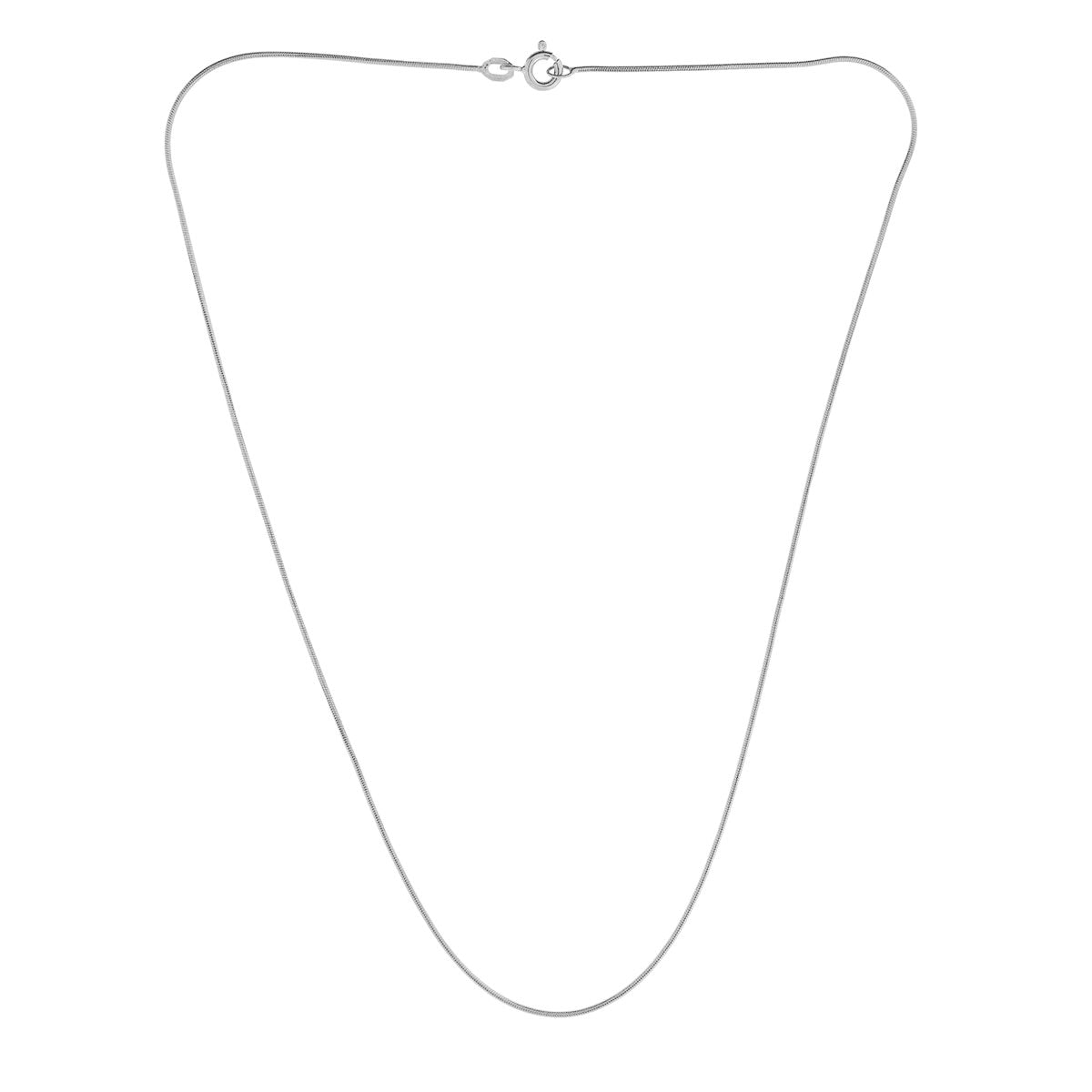 Delicate 18-inch 9 carat gold snake chain necklace with a smooth, flexible design and a secure spring ring clasp, styled on a white background.