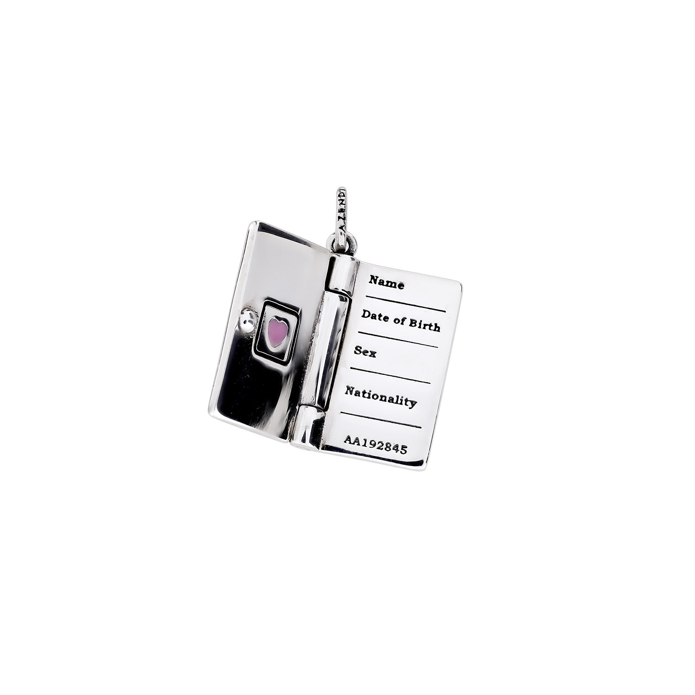 Sterling silver charm designed as an open passport with engraved personal detail lines and a small pink enamel heart, showcasing a contemporary and sculptural style.