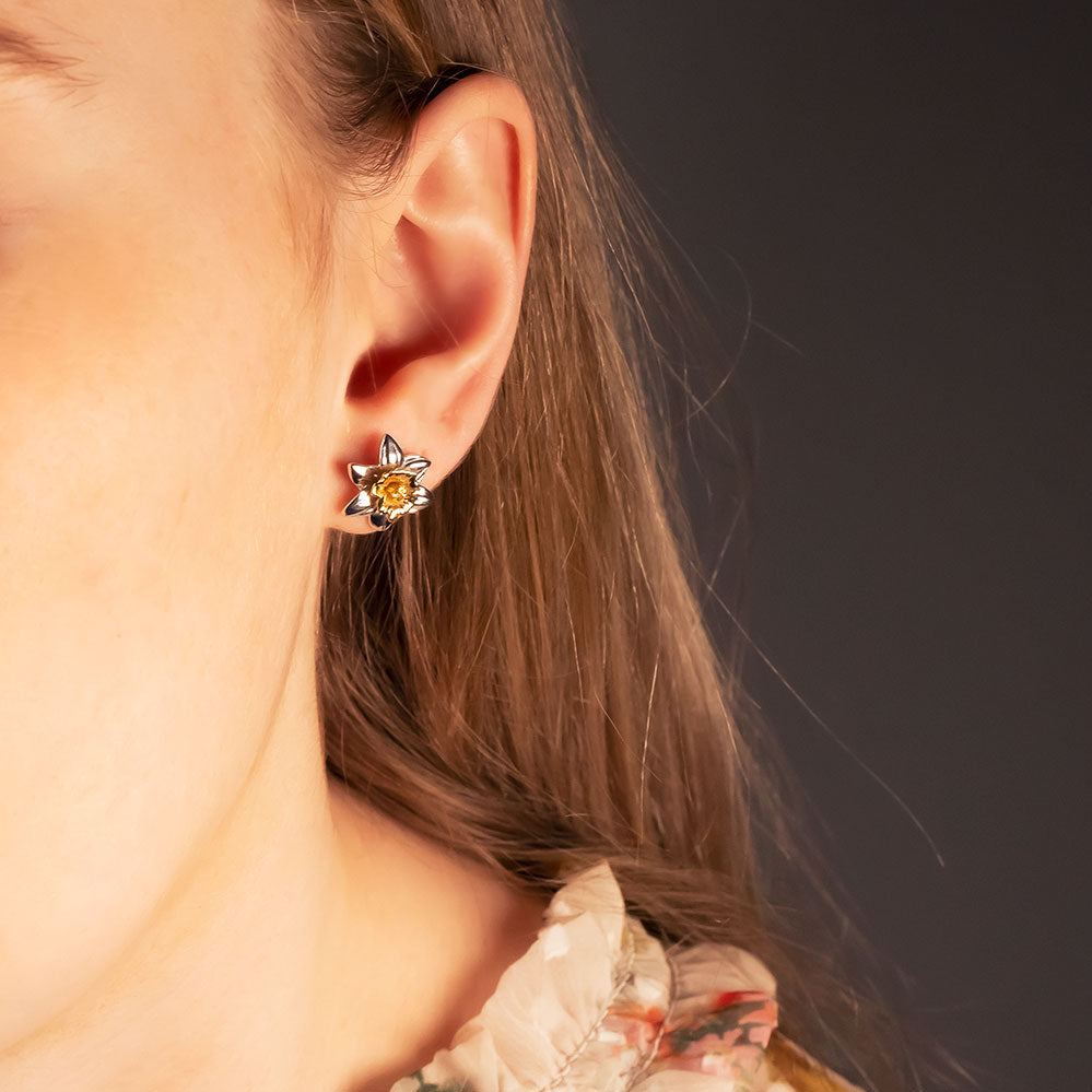 Silver and gold vermeil narcissus stud earrings