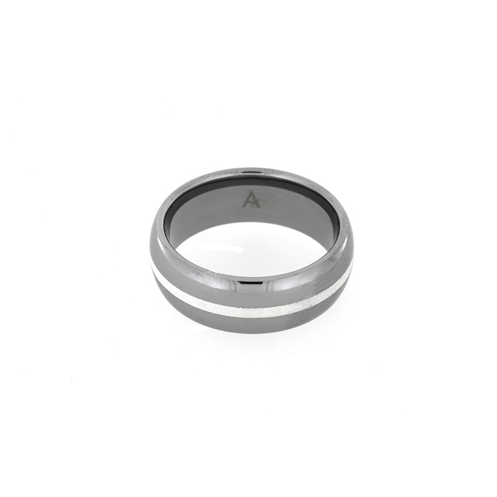 Wide Tungsten Court Ring with Silver Stripe
