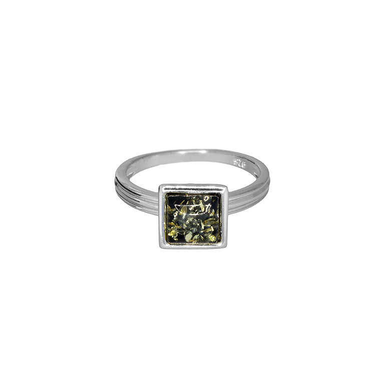 Silver Square Amber Ring