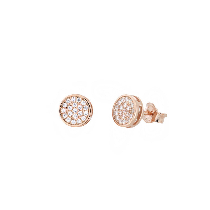 Pair of rose gold disc stud earrings adorned with pavé-set stones, featuring a polished and sculptural design in contemporary fine jewellery.