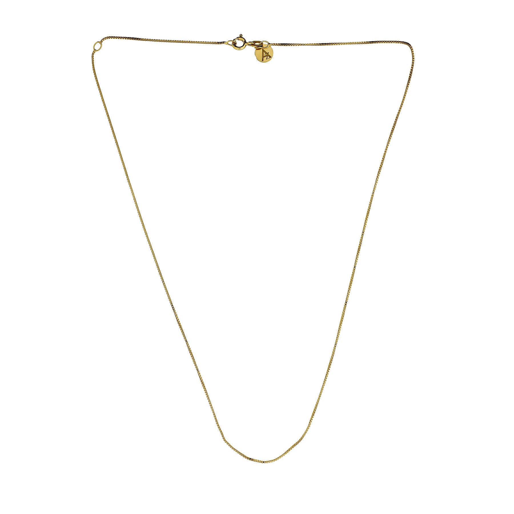 Delicate gold vermeil box chain necklace with adjustable length, featuring a subtle clasp and branded charm, showcasing sleek and contemporary sterling silver design.