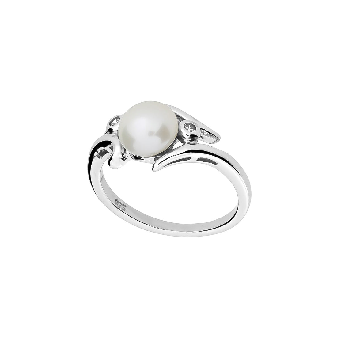 Sterling silver ring featuring a lustrous freshwater pearl set in a flowing, curved band design, exemplifying refined elegance in contemporary silver jewellery by Azendi.