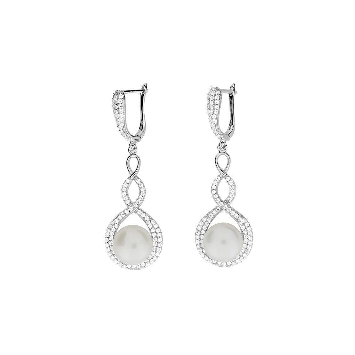 Silver &amp; Pavé Twisting Pearl Earrings