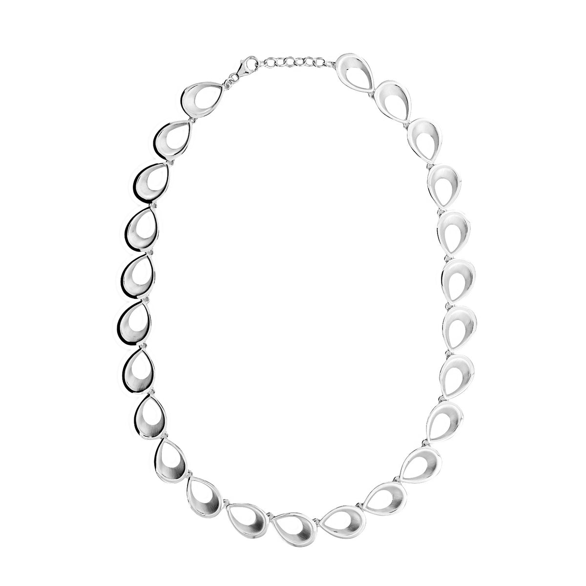 Sterling silver necklace composed of linked teardrop shapes with a polished finish, offering a sleek, sculptural design ideal for contemporary silver jewellery collections.