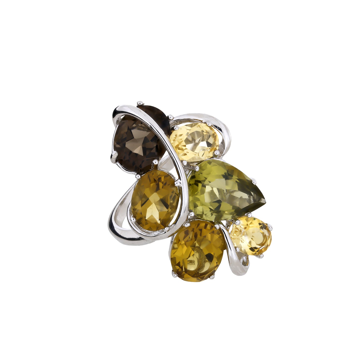 Cluster ring featuring citrine and smoky quartz gemstones in various cuts, set in a sculptural sterling silver design, exemplifying contemporary silver jewellery by Azendi.