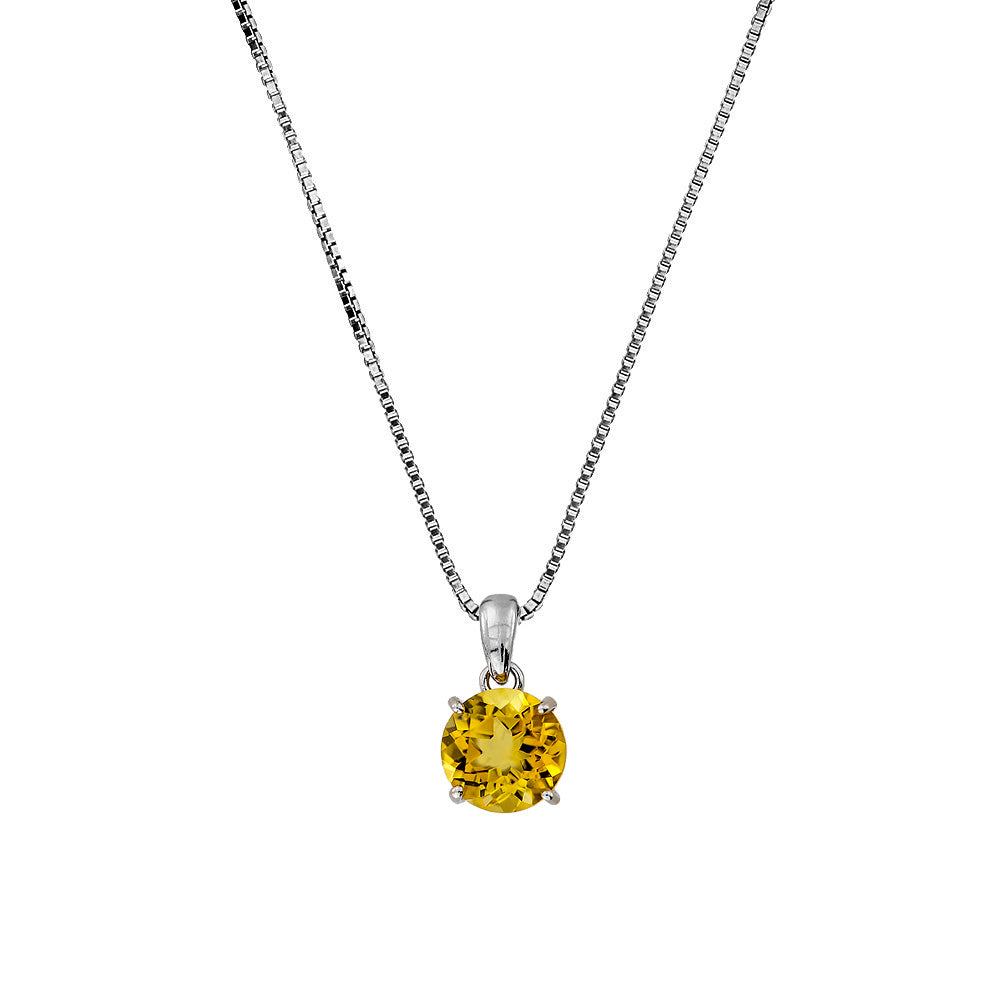Sterling silver necklace featuring a round brilliant cut citrine pendant in a classic four-prong setting, showcasing refined and timeless designer jewellery.