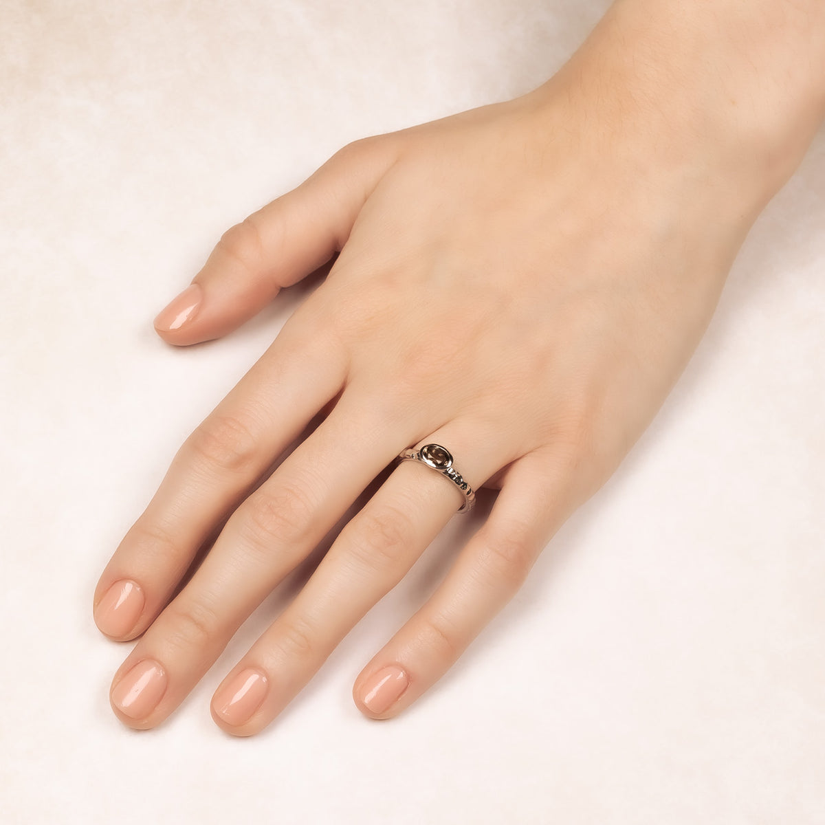 Oval Smoky Quartz Textured Stacking Ring