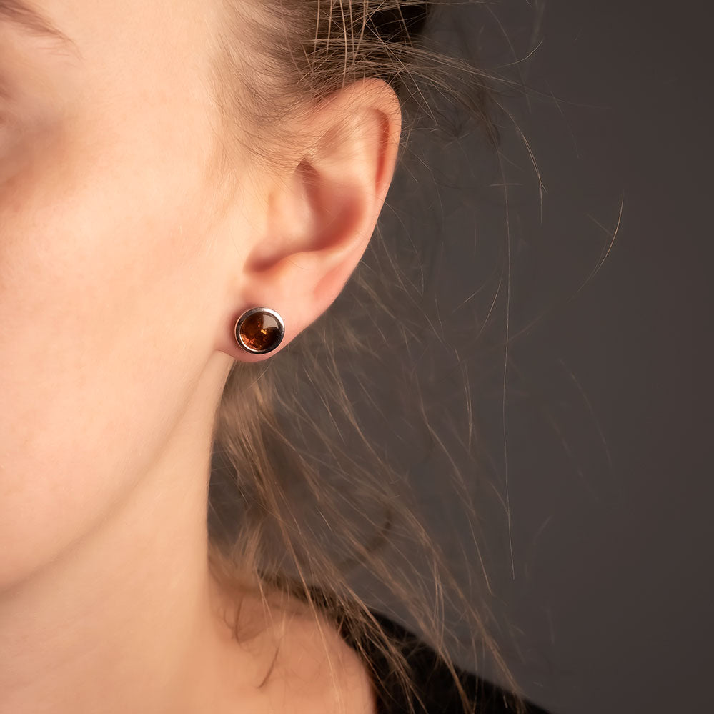 Silver & Amber Large Button Studs; 8mm