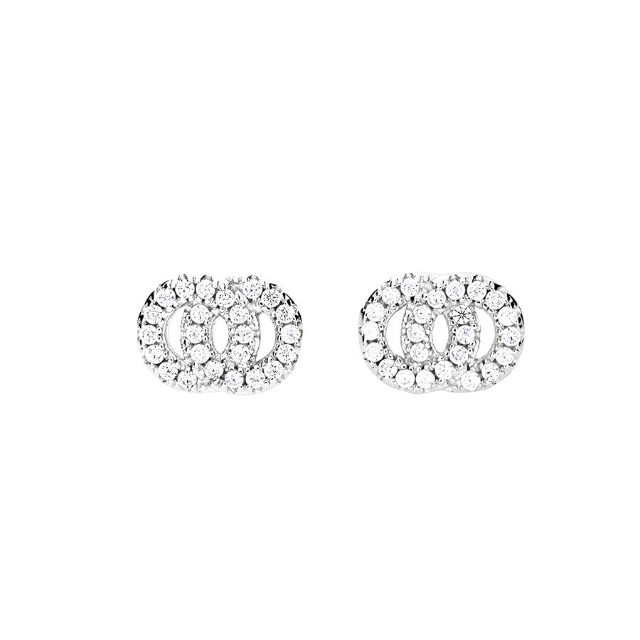 Pair of sterling silver stud earrings featuring interlocking circles adorned with sparkling cubic zirconia stones, showcasing a sculptural and sophisticated Azendi silver jewellery design.