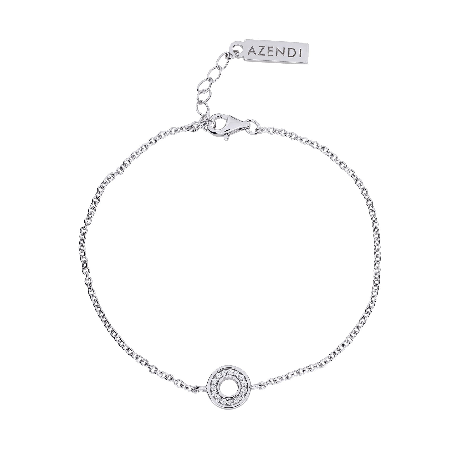 A sterling silver bracelet with a small open circle charm adorned with cubic zirconia stones, displayed against a white background.