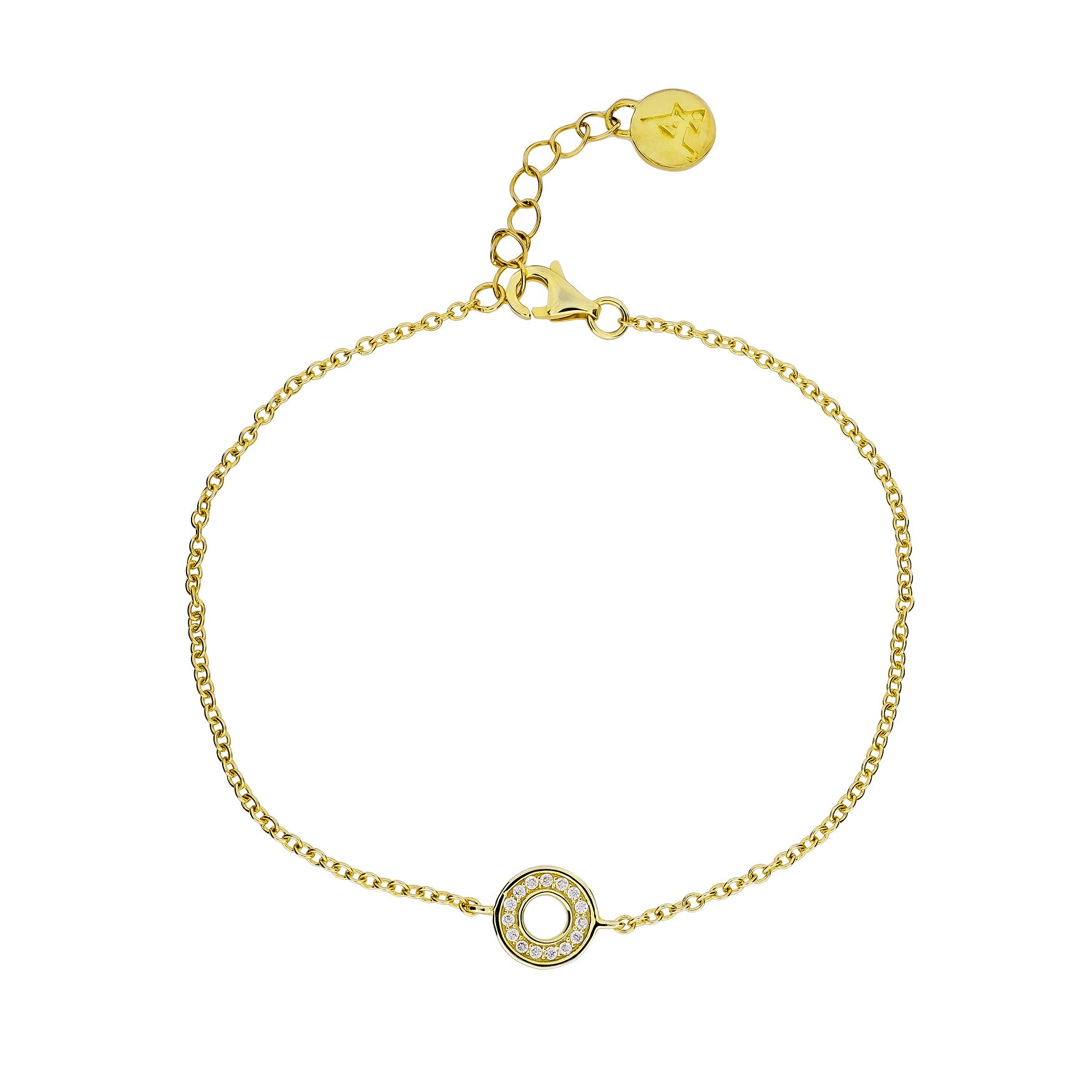 A yellow gold vermeil bracelet with a small open circle charm adorned with cubic zirconia stones, displayed against a white background.