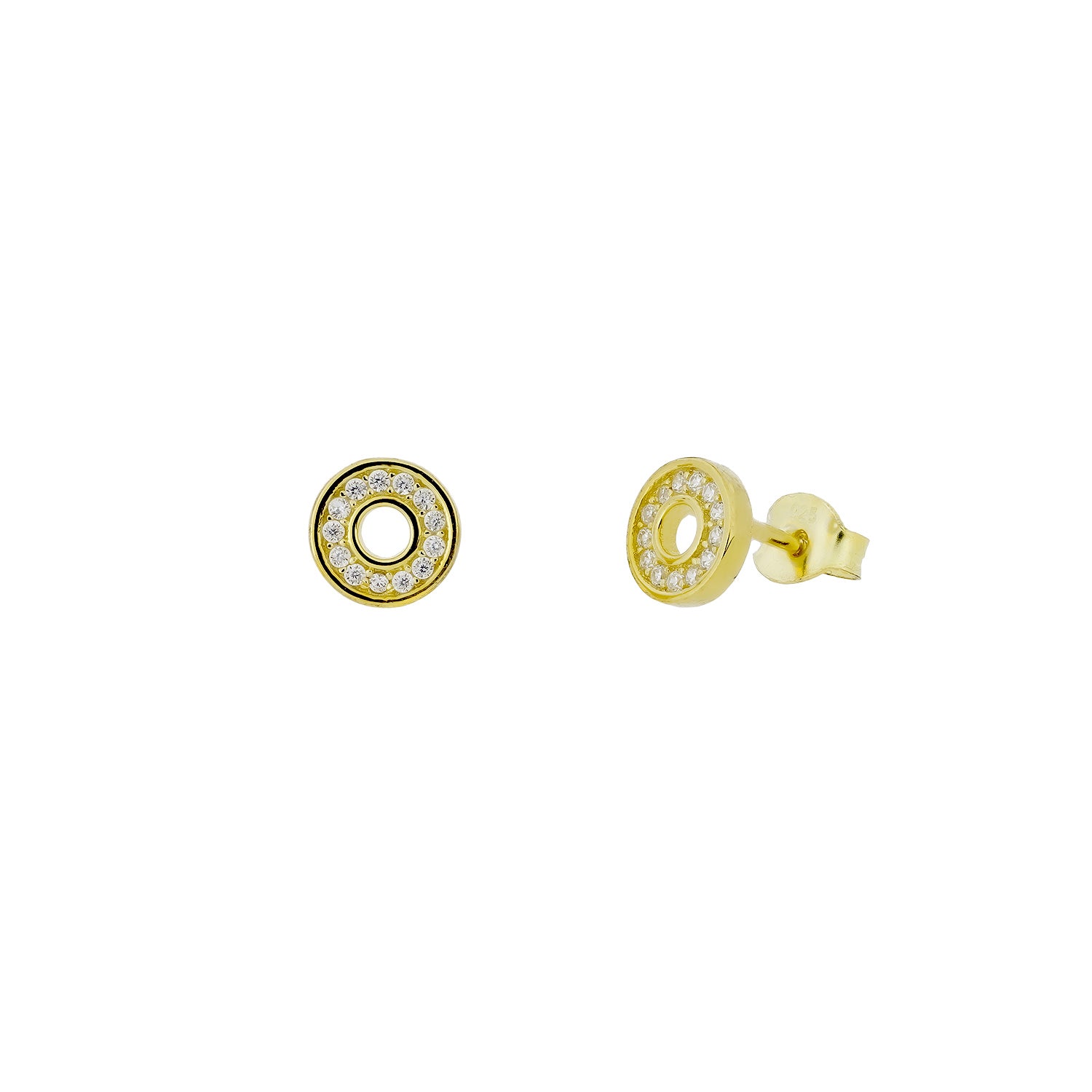 Pair of gold vermeil open circle stud earrings featuring pavé-set stones, showcasing a refined and sculptural design in contemporary silver jewellery by Azendi.