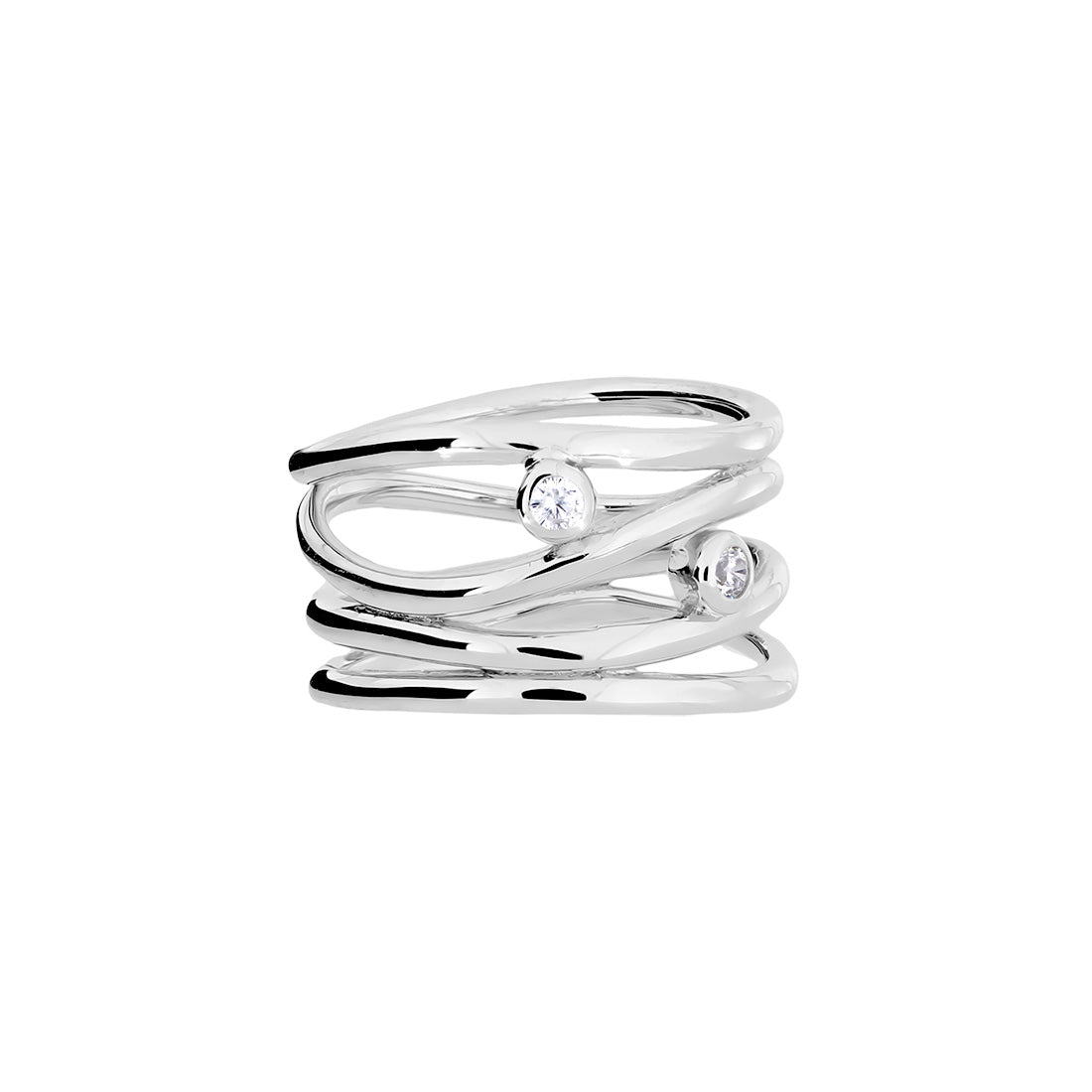 Overlapping Waves With Stones Silver Ring