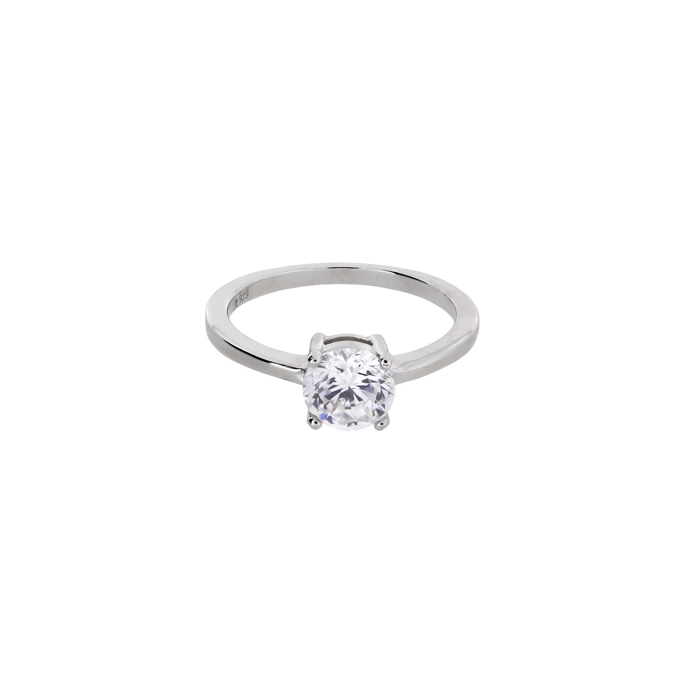 Sterling silver ring featuring a solitaire brilliant-cut cubic zirconia stone set on a slender polished band, exemplifying elegant and timeless design.