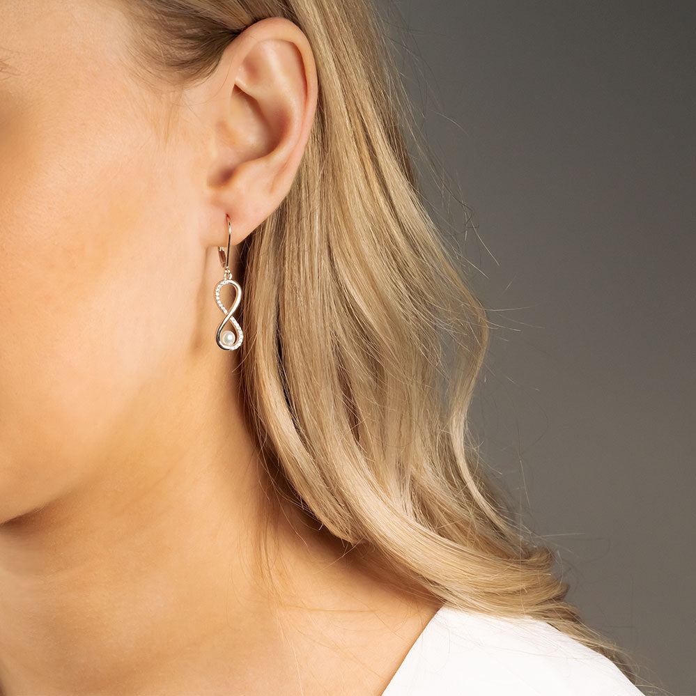 Silver Pearl & Pavé Infinity Earrings