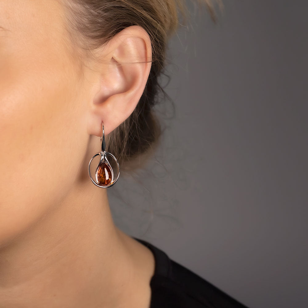 Amber Teardrop Folding Silver Drop Earrings
