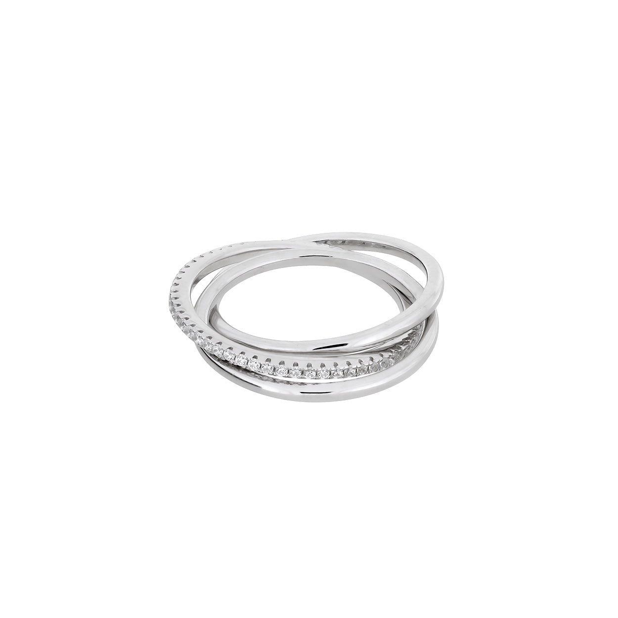 Contemporary sterling silver Russian wedding ring featuring intertwined bands with pavé detailing on one band for a sleek and sculptural designer look.