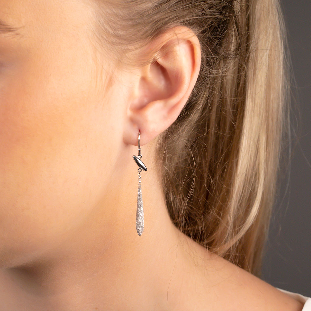 Silver Diamond-etched Long Drop Earrings