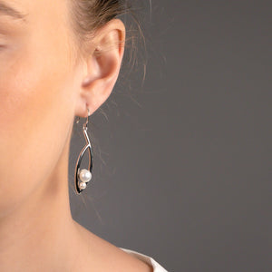 Silver & Double Pearl Leaf Drop Earrings