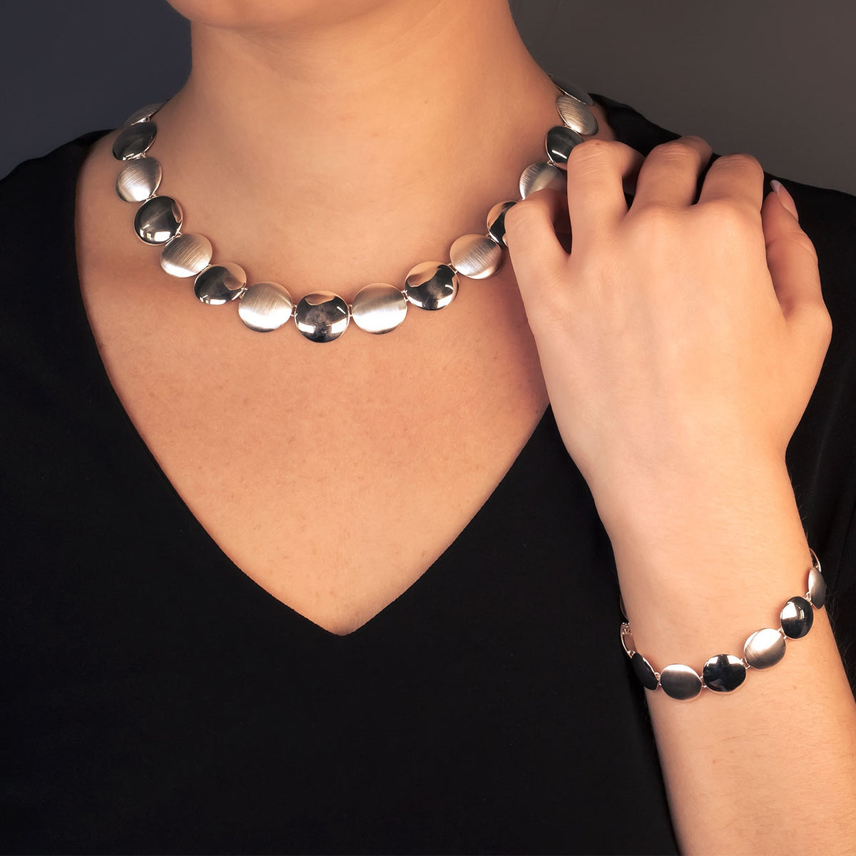 Silver Satin & Polished Button Necklace