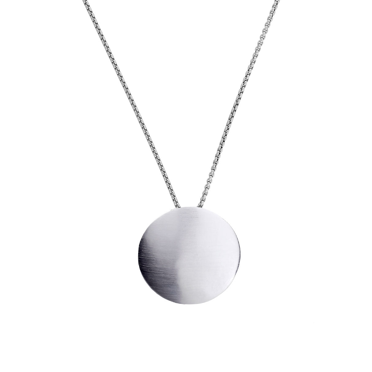 Sterling silver pendant with a smooth satin finish in a rounded button shape, suspended from a delicate fine chain for elegant contemporary silver jewellery.
