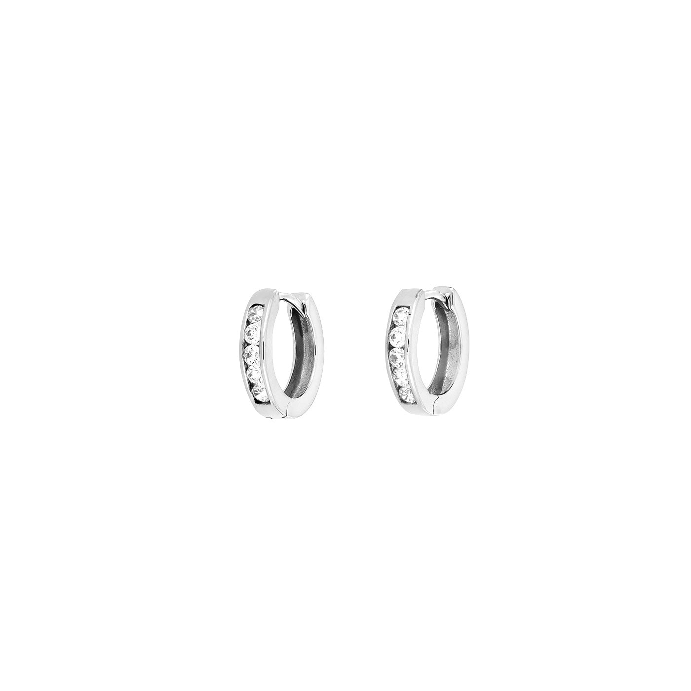 Pair of small hinged hoop earrings crafted in 9 carat gold, each set with a row of delicate stones, showcasing a sleek and contemporary design by Azendi.