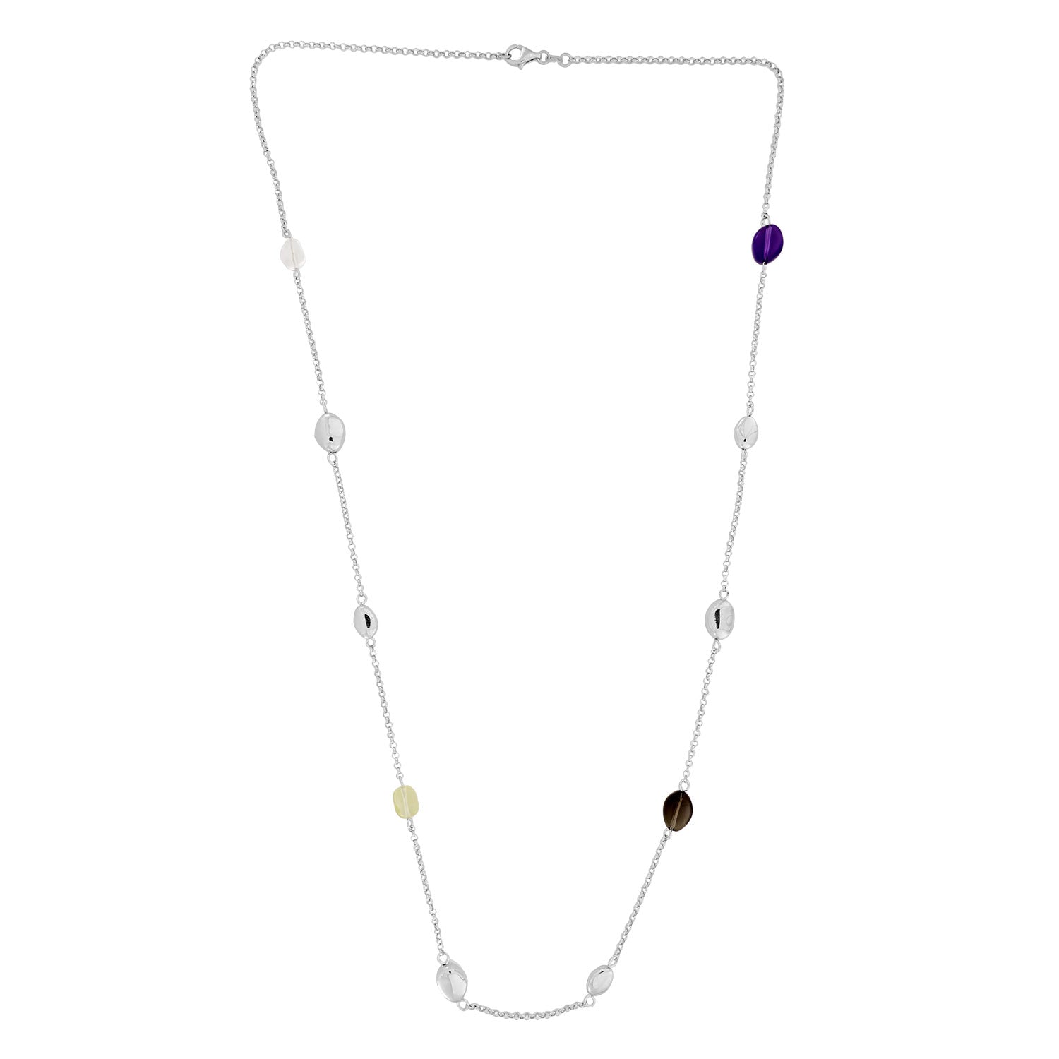 Long Silver Necklace with Amethyst and Quartz