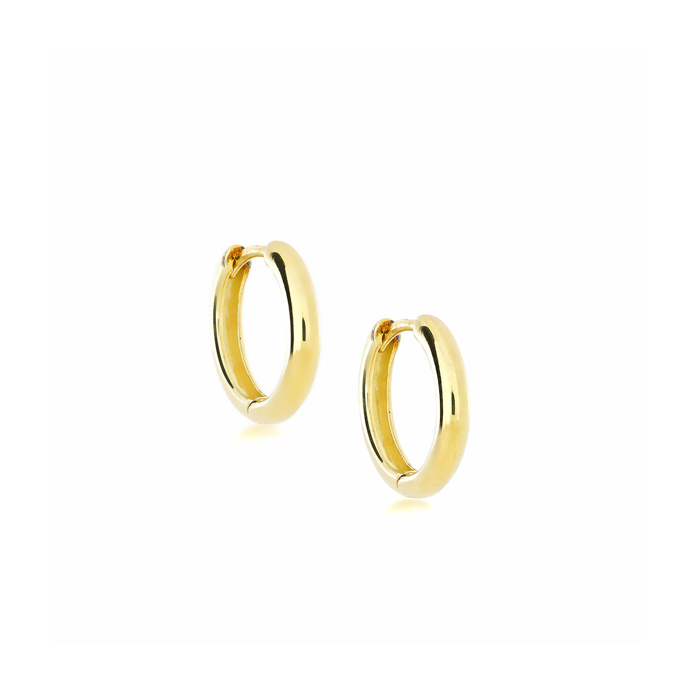 Pair of medium rounded hinge hoop earrings in polished gold vermeil, showcasing a sleek, classic design perfect for everyday elegance in fine jewellery.