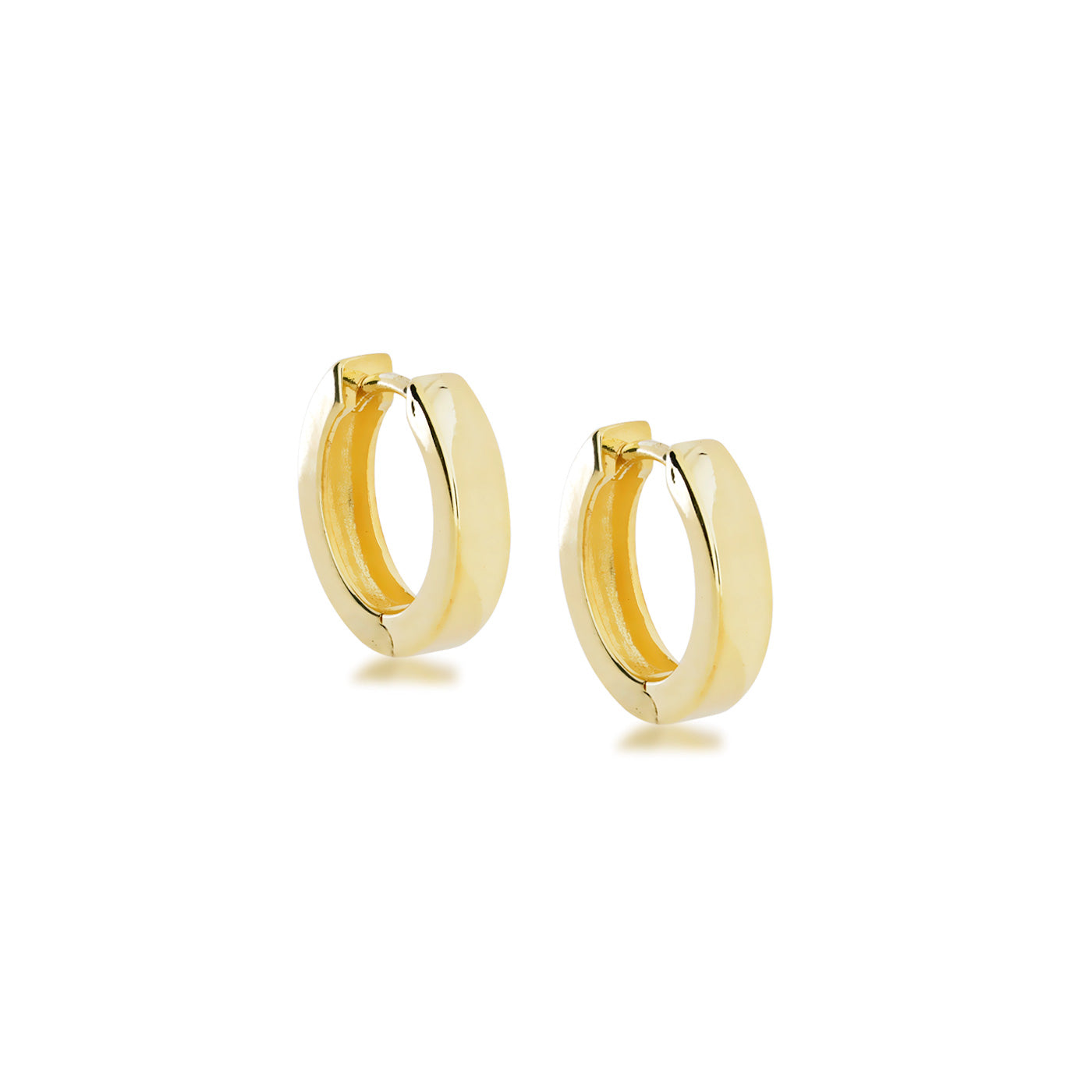 Polished gold vermeil hoop earrings featuring a medium squared profile with a sleek hinged design, showcasing modern elegance in contemporary silver jewellery.