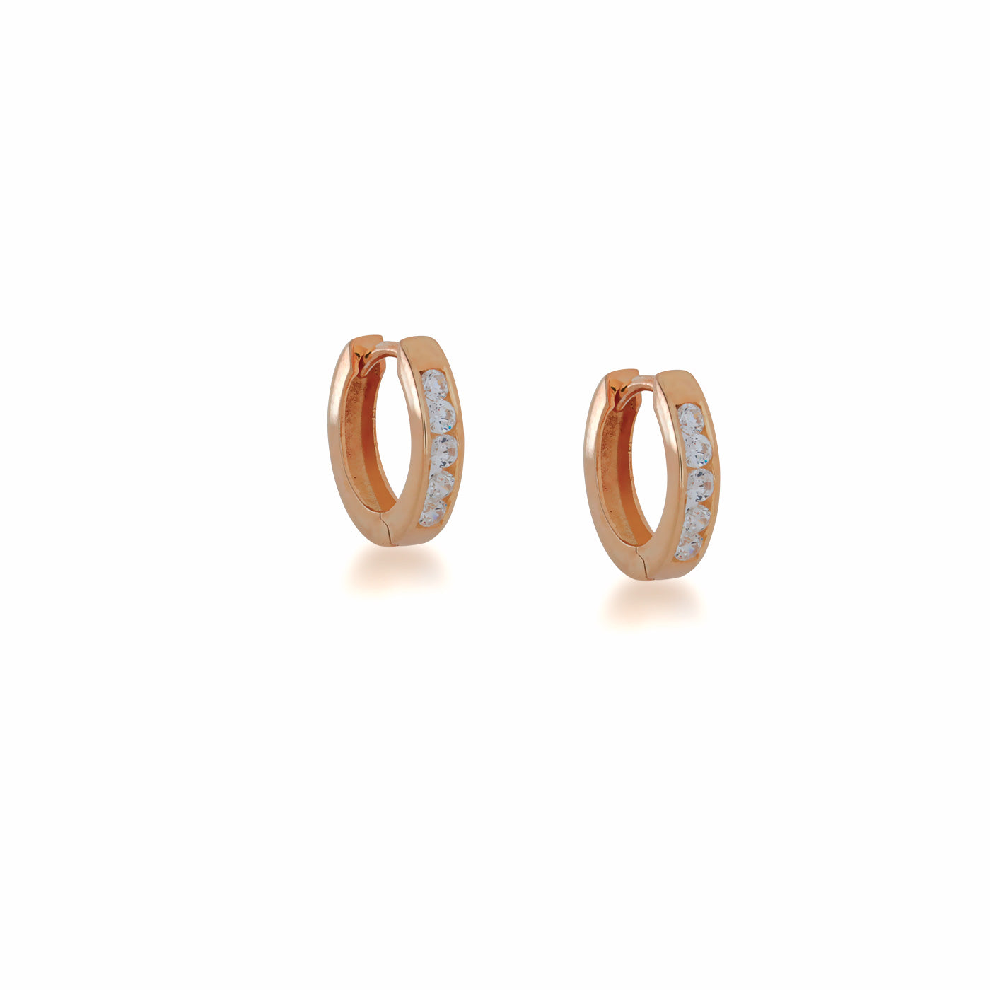 Rose gold vermeil hoop earrings featuring a row of small sparkling stones set in a sleek, contemporary design by Azendi Sterling silver jewellery.
