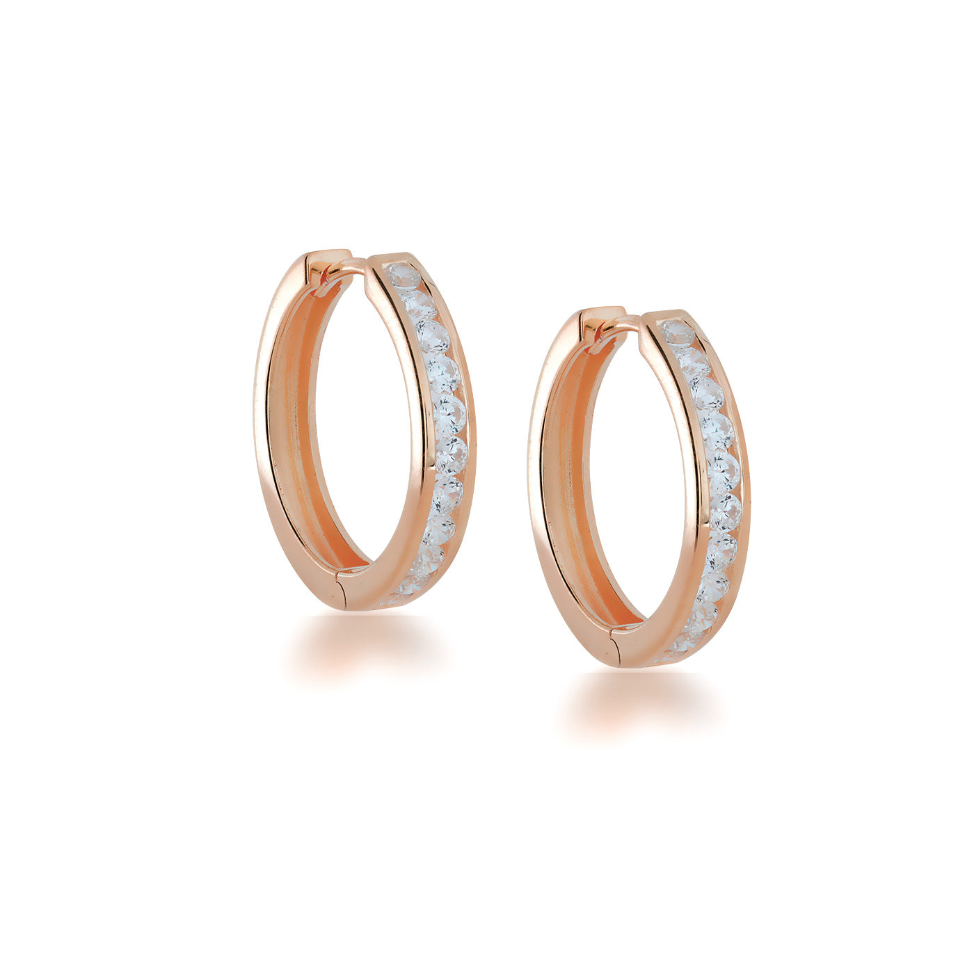 Rose gold vermeil hoop earrings featuring a row of medium white stones set along the front edge, showcasing a refined and contemporary design in fine silver jewellery.