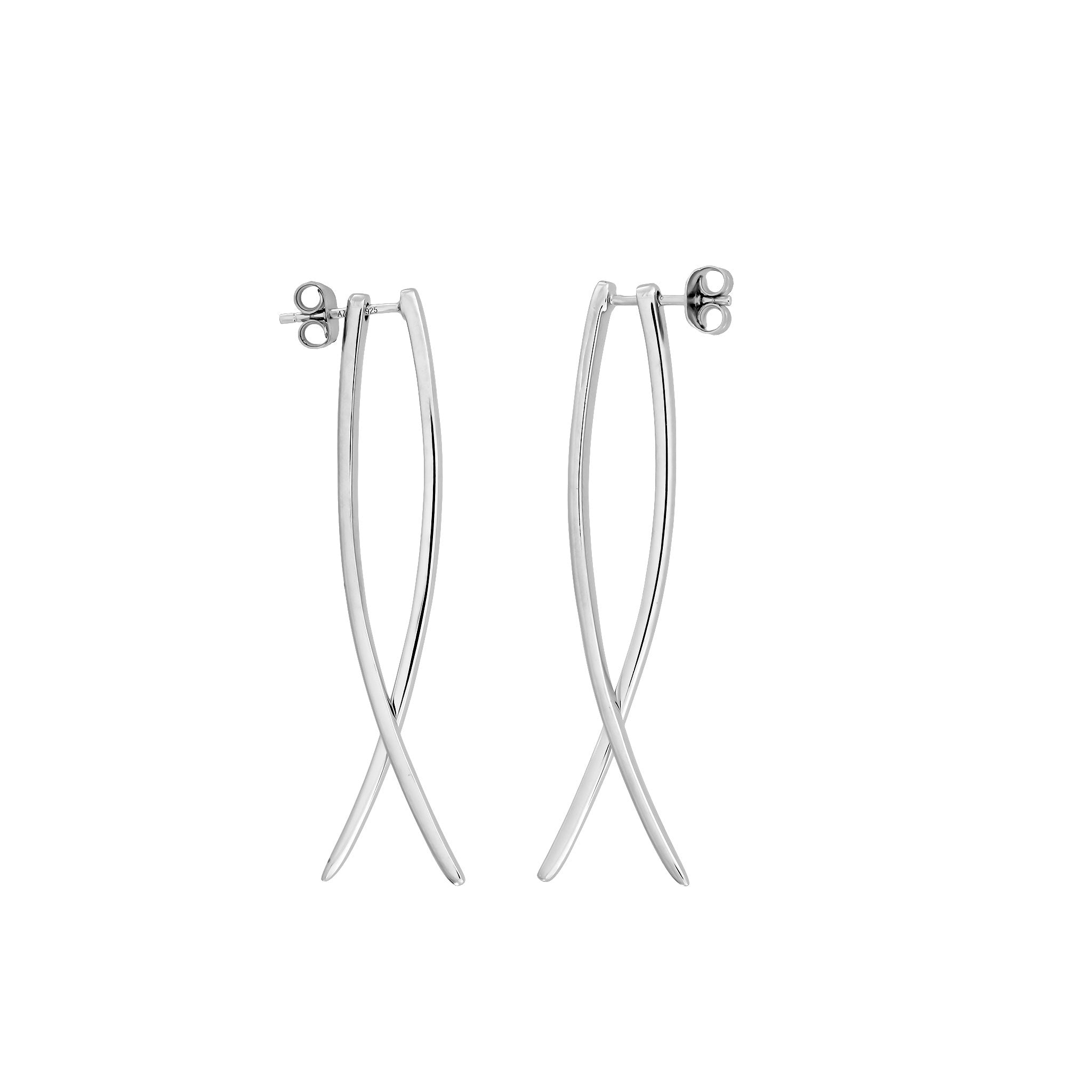 Pair of sterling silver earrings featuring elongated double curl shapes with a polished finish, embodying a sleek and sculptural contemporary design.