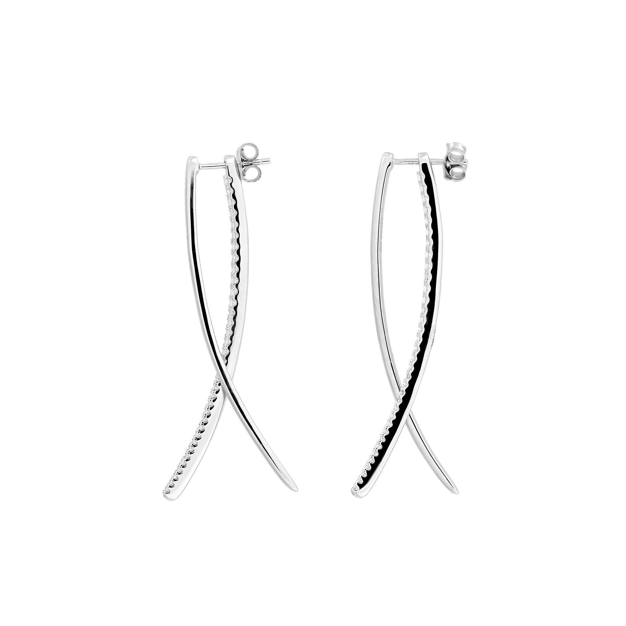 Pair of sterling silver earrings featuring a balanced double curl design with pavé detailing, combining sculptural elegance and refined contemporary style.