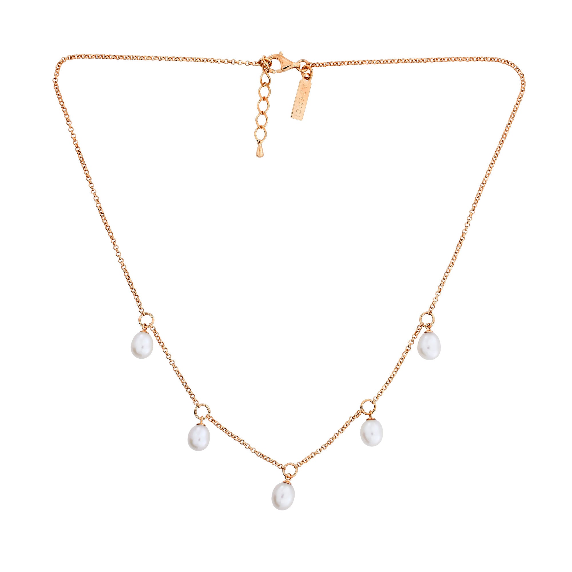 Delicate gold vermeil chain necklace featuring five evenly spaced teardrop freshwater pearl charms, finished with an adjustable clasp for versatile wear.