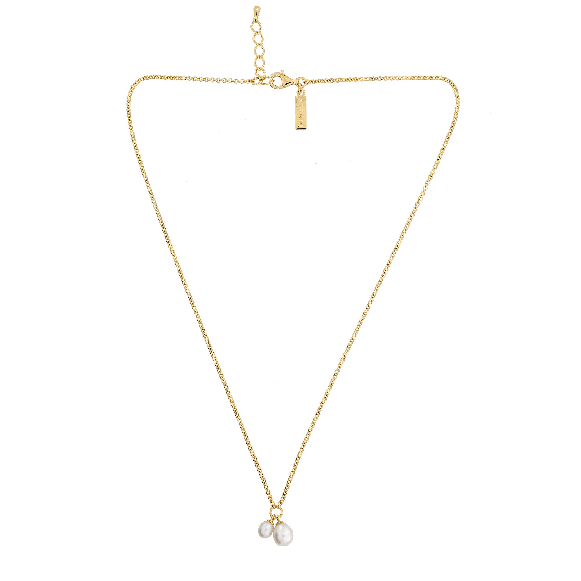 Delicate gold vermeil necklace featuring a pair of smooth freshwater pearl teardrop pendants, suspended from a fine adjustable chain for an elegant, minimalist look.
