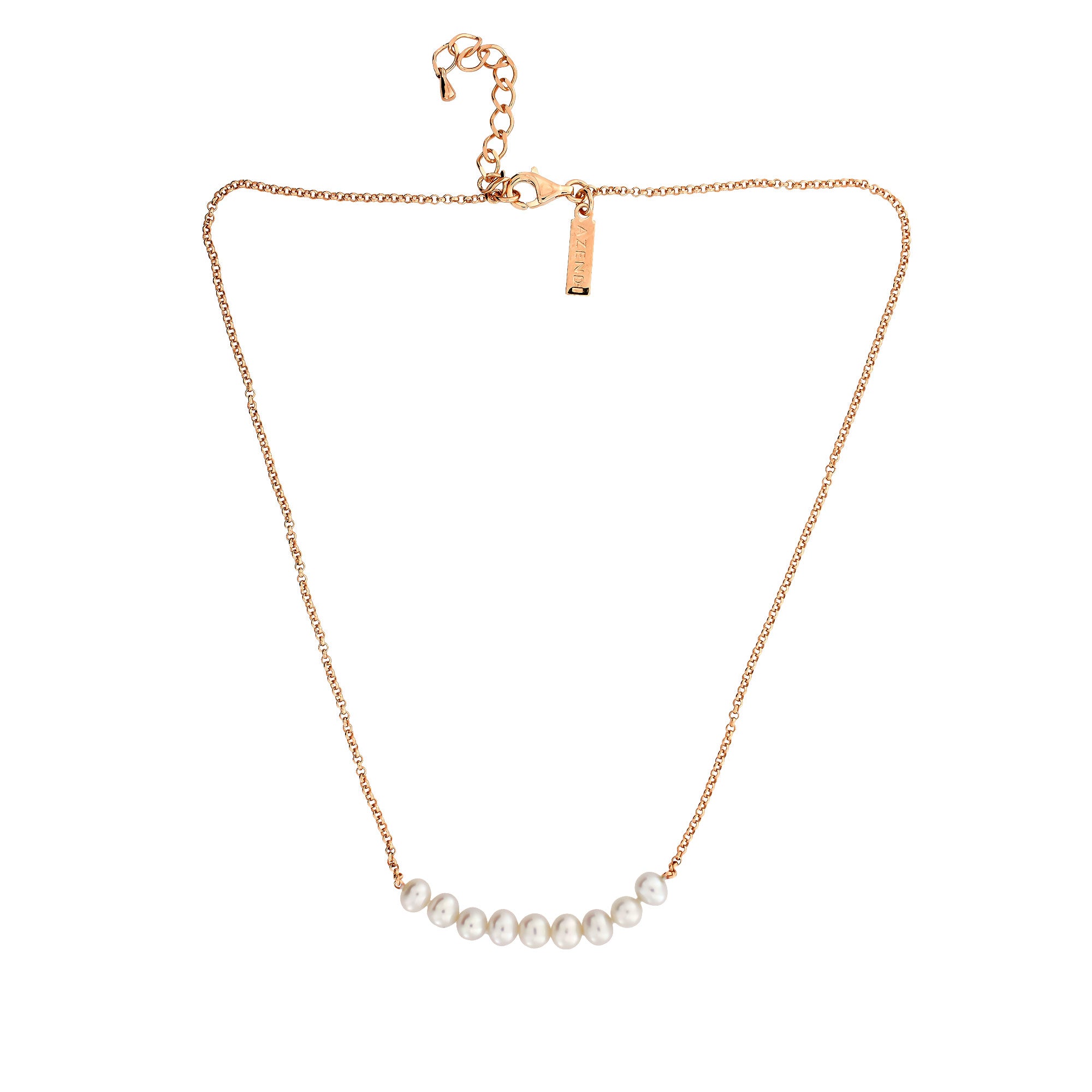 Delicate gold vermeil necklace featuring nine lustrous pearls strung in a simple row, with an adjustable chain for a versatile and elegant silver jewellery look.