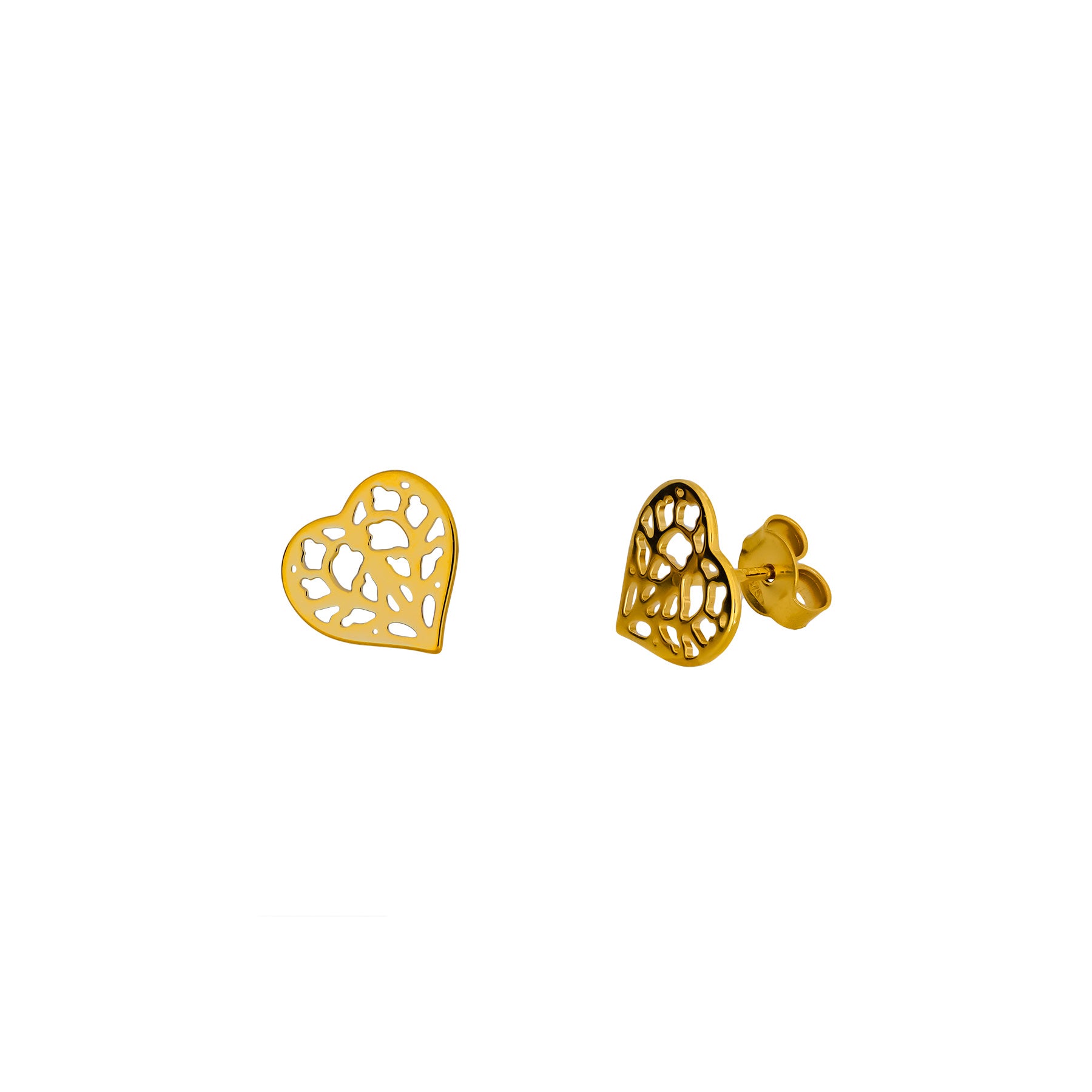 Pair of 9 carat yellow gold stud earrings featuring an openwork heart design inspired by Yorkshire, combining delicate craftsmanship with a contemporary sculptural aesthetic.