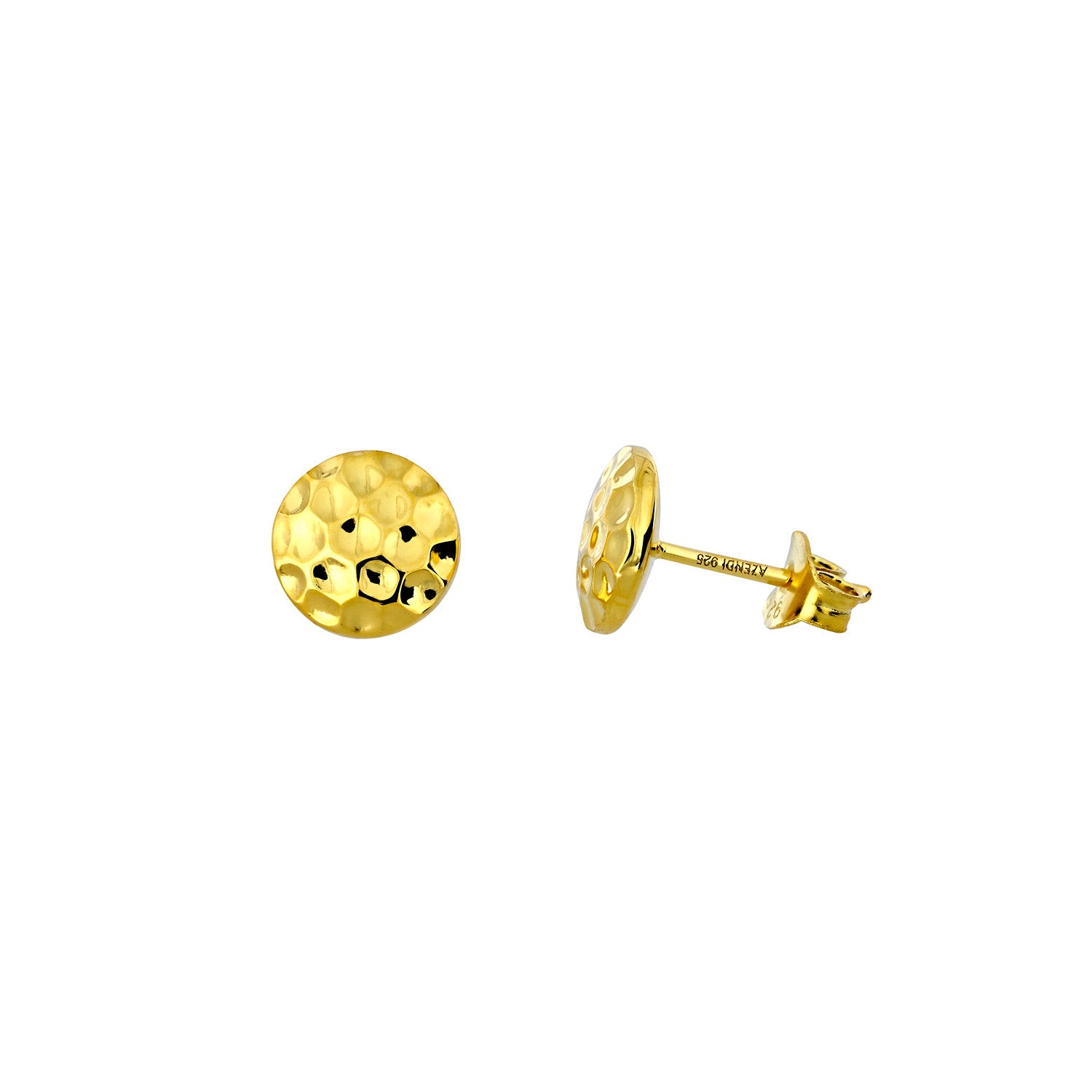 Pair of yellow gold vermeil button stud earrings featuring a sculpted planished surface with a double curved form, combining a modern and refined silhouette for elegant wear.