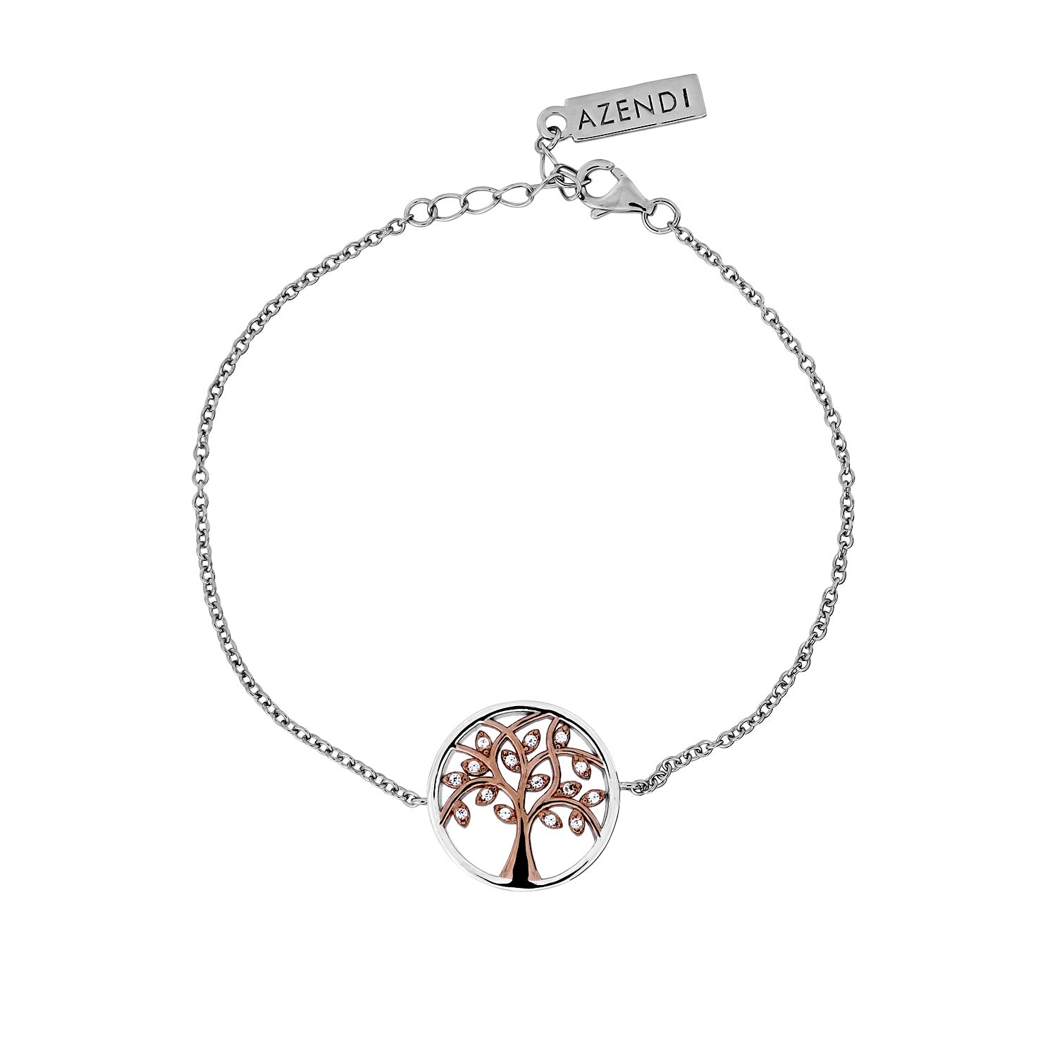 Delicate sterling silver bracelet featuring a circular Arbor Vitae motif in rose gold vermeil with embedded stones, adjustable chain and branded tag for a refined finish.