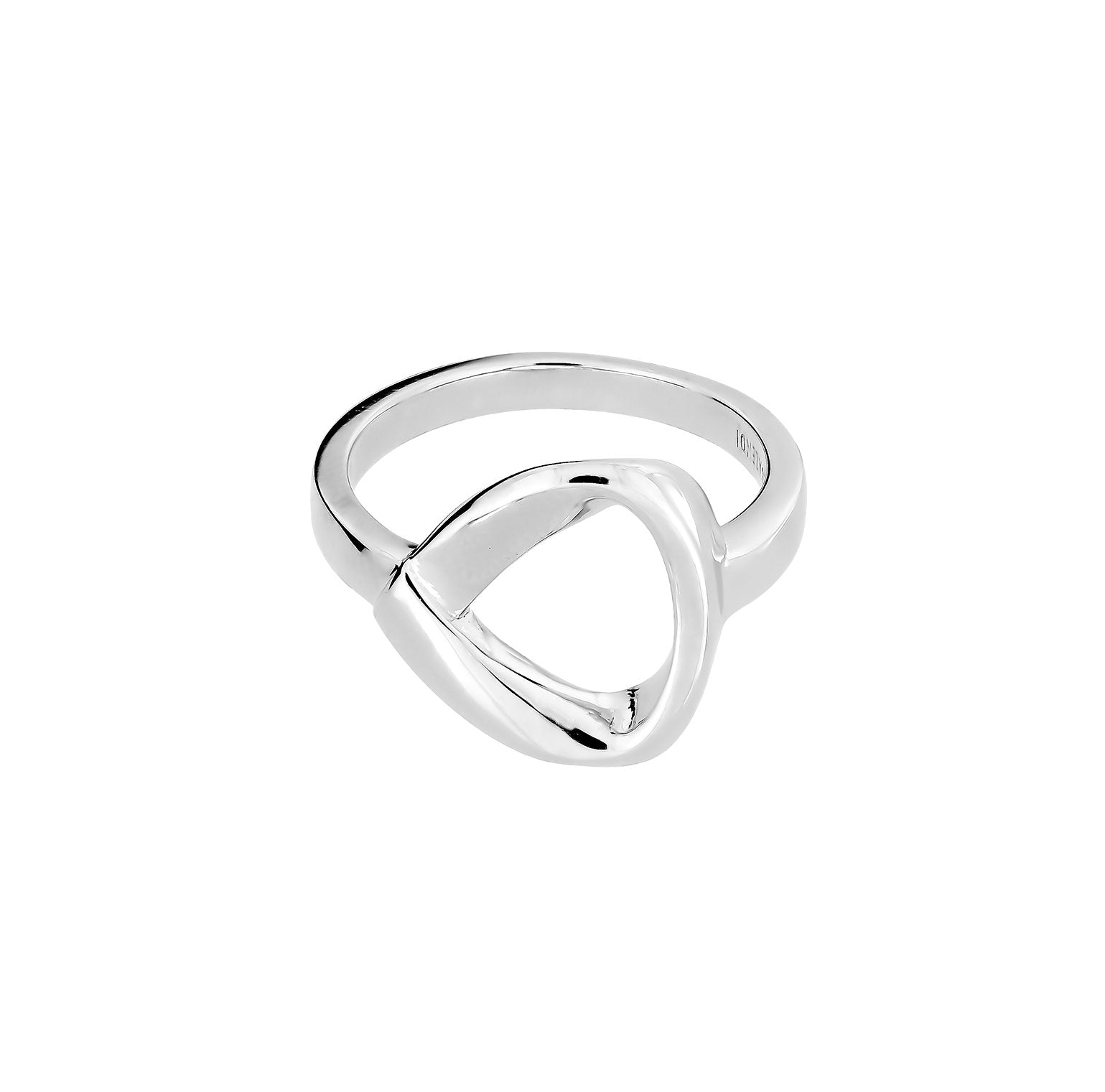 Polished sterling silver ring with an open, sculptural ribbon loop design, showcasing contemporary elegance and refined craftsmanship in silver jewellery by Azendi.
