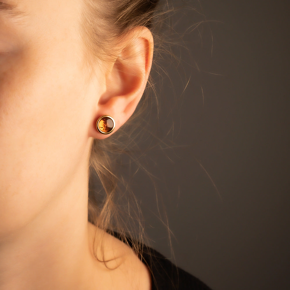 Yellow Gold Vermeil & Amber Large Button Studs; 8mm