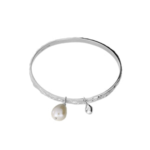 Textured Silver Bangle with Baroque Pearl Charm