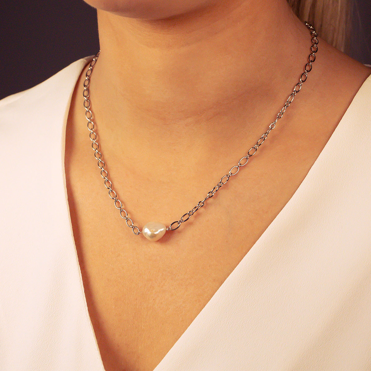 Baroque Pearl Chain Link Necklace