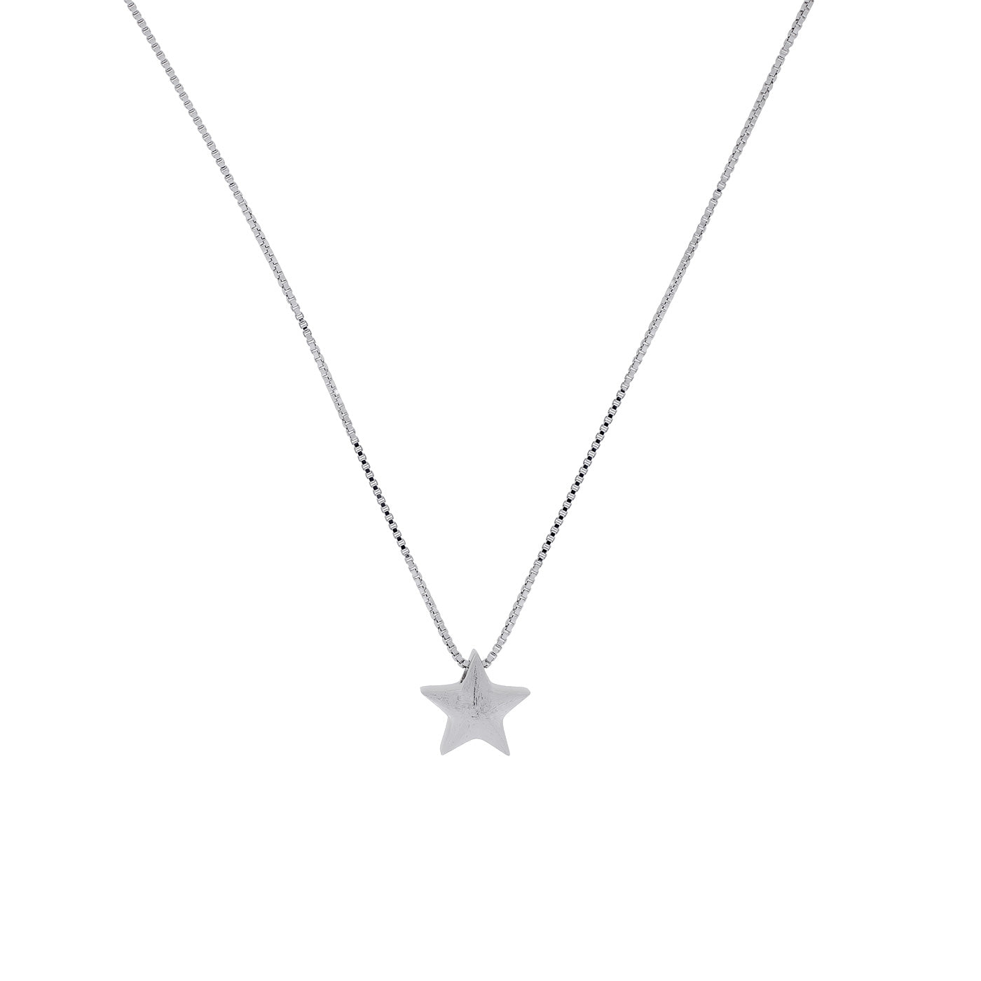 Delicate sterling silver necklace featuring a satin-finish star pendant suspended from a fine chain, showcasing contemporary British design in silver jewellery.