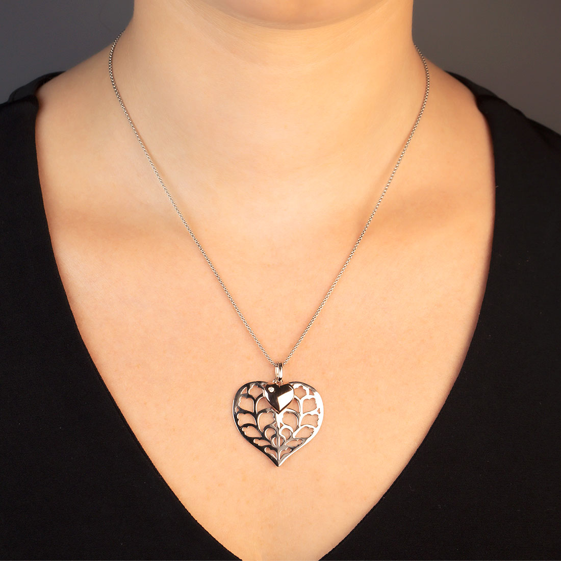 Silver Heart of Yorkshire Double Pendant with Rose Gold Vermeil & Diamond